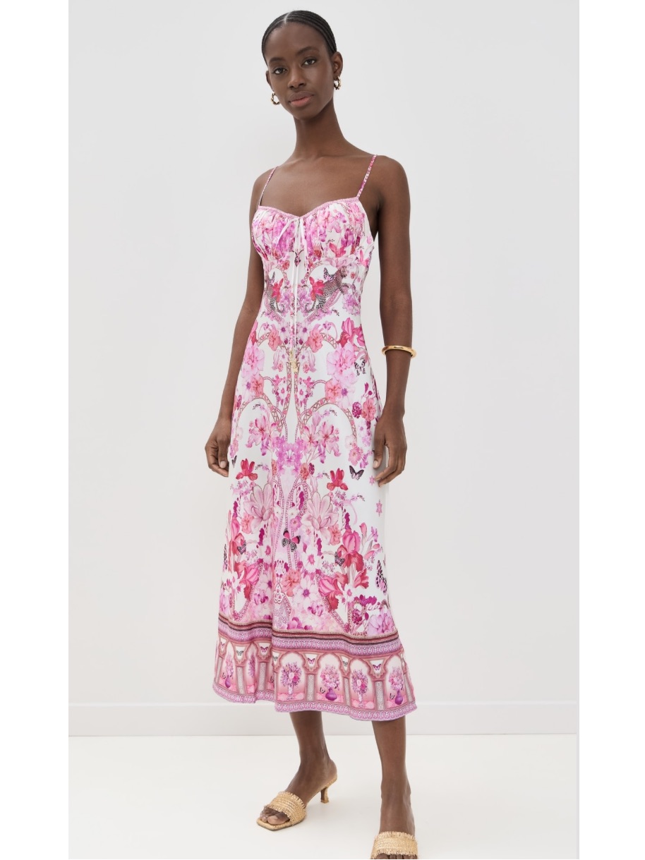 Camilla Gathered Bodice Bias In Botanical Novella Floral Silk Pink Dress New